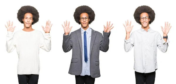 Collage Giovane Uomo Con Capelli Afro Sfondo Bianco Isolato Mostrando — Foto Stock