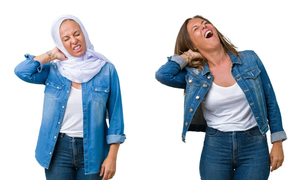 Collage Hermosa Mujer Árabe Mediana Edad Sobre Fondo Aislado Sufrimiento —  Fotos de Stock