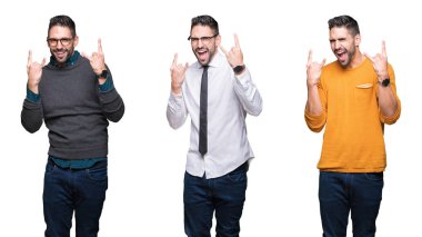 Yakışıklı adam deli ifade rock simge elle yapıyor ile bağırarak beyaz izole arka plan kolaj. Müzik yıldızı. Ağır kavramı.