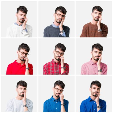 Seyir yorgun ve bıkkın ile depresyon sorun Çapraz kollar ile izole arka plan düşünme genç adam kolaj.