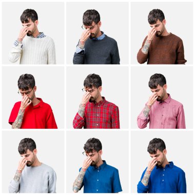 Kolaj izole arka burun ve göz yorgunluğu ve baş ağrısı duygu sürtünme yorgun genç adam. Stres ve hayal kırıklığı kavramı.