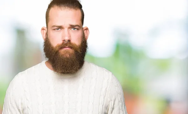 Young Hipster Man Wearing Winter Sweater Depressed Worry Distress Crying — Stock Photo, Image