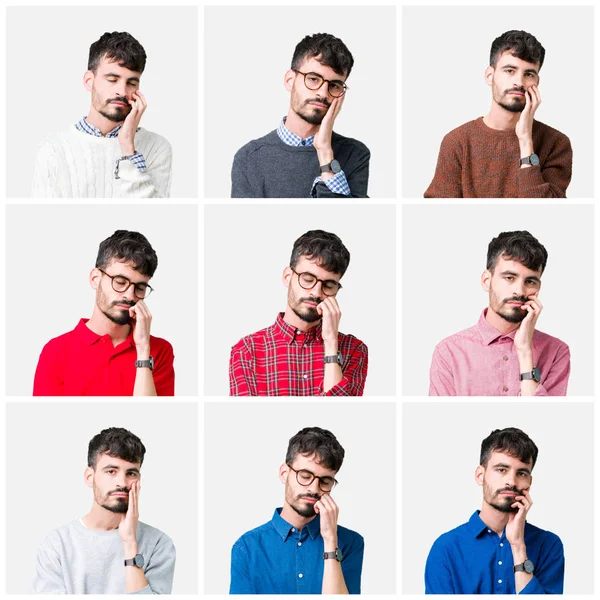 Seyir yorgun ve bıkkın ile depresyon sorun Çapraz kollar ile izole arka plan düşünme genç adam kolaj.