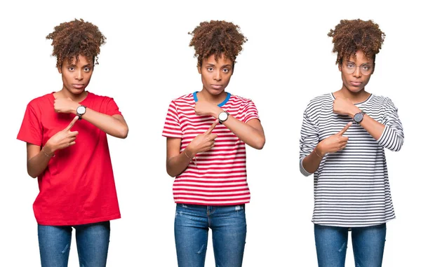 Genç güzel Afrikalı kız acele işaretleme izlemek için zaman, sabırsızlık, üzgün ve kızgın son tarih gecikme için izole arka plan üzerine kolaj