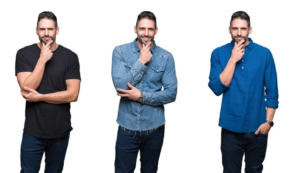 Colagem Homem Bonito Sobre Fundo Isolado Branco Olhando Confiante Para — Fotografia de Stock