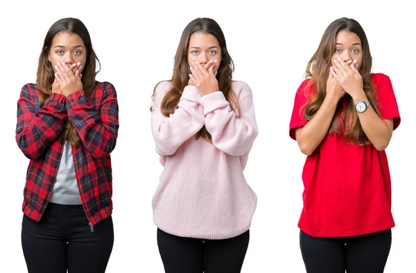 Collage Der Schönen Jungen Frau Vor Isoliertem Hintergrund Schockiert Mund — Stockfoto