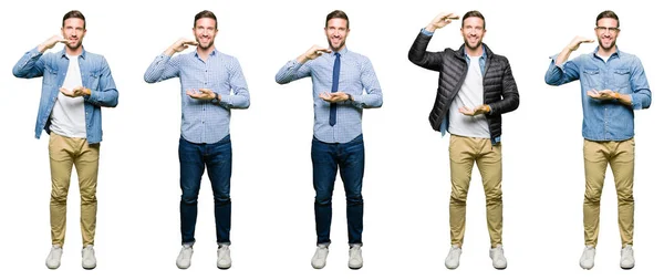 Collage Eines Attraktiven Jungen Mannes Vor Weißem Isoliertem Hintergrund Der — Stockfoto
