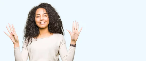 Young Beautiful Girl Curly Hair Wearing Casual Sweater Showing Pointing — Stock Photo, Image