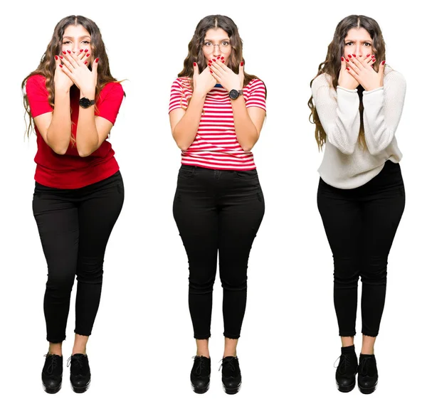 Kolaj güzel genç kadın beyaz bir arka plan ağız hata için elleriyle kapsayan şok izole. Gizli kavramı.