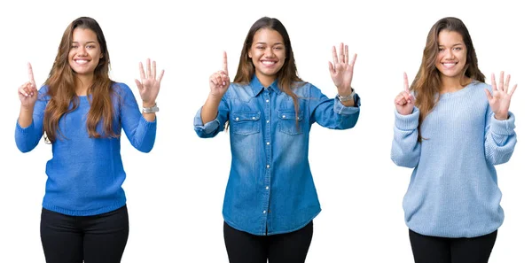 Collage Beautiful Young Woman Isolated Background Showing Pointing Fingers Number — Stock Photo, Image