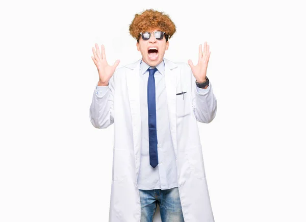 Young Handsome Scientist Man Wearing Professional Coat Sunglasses Celebrating Crazy — Stock Photo, Image