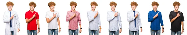 Collage Hombre Joven Con Diferentes Miradas Sobre Fondo Blanco Aislado —  Fotos de Stock