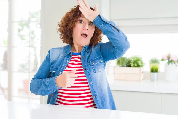 Middle Age Senior Woman Curly Hair Wearing Denim Jacket Home — Stock Photo, Image