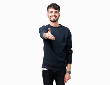 Yakışıklı delikanlı olarak tebrik ve konuksever dost sunan karşılıklı gülümseyen izole arka plan üzerinde. Başarılı iş.