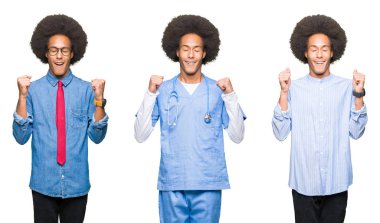 Beyaz izole arka plan üzerinde afro saç ile genç adam kolaj zafer gülümseyen kutlamak yükseltilmiş silah ile başarı için heyecanlı. Kazanan kavramı.