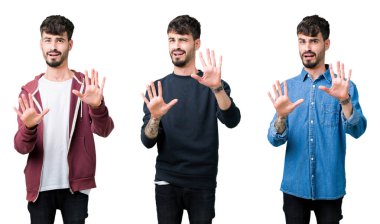 İzole arka plan korkuyor ve dehşet korku ifade dur hareketi el ile ile genç adam şokta bağırarak kolaj. Panik kavramı.