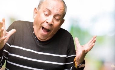 Kızgın ve silah ile başarı için deli kutluyor kış çizgili süveter giymiş yakışıklı komuta sizde kaldırdı ve heyecanlı çığlık gözler kapalı. Kazanan kavramı