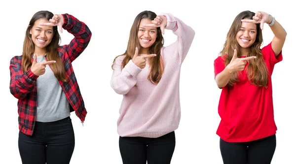 Colagem Bela Jovem Sobre Fundo Isolado Sorrindo Fazendo Quadro Com — Fotografia de Stock