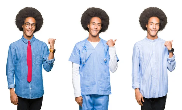 Колаж Молодого Чоловіка Афро Волоссям Над Білим Ізольованим Тлом Посміхаючись — стокове фото