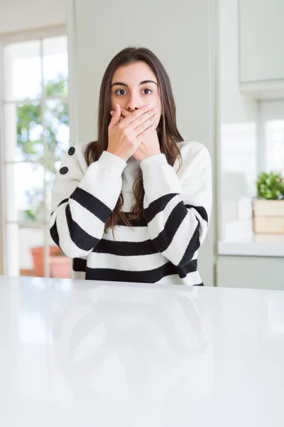 Beautiful Young Woman Wearing Stripes Sweater Shocked Covering Mouth Hands — Stock Photo, Image