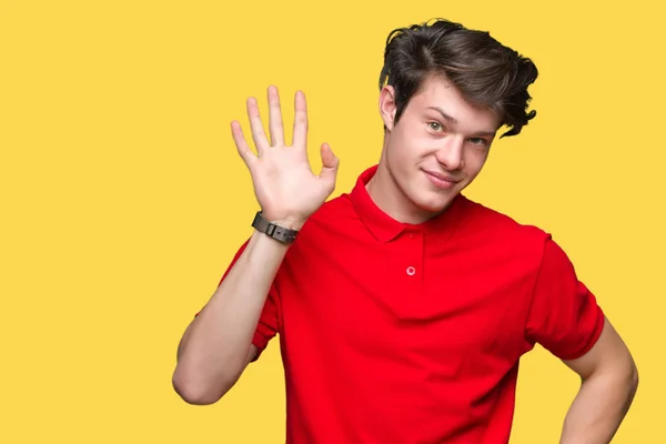 Young Handsome Man Wearing Red Shirt Isolated Background Waiving Saying — Stock Photo, Image