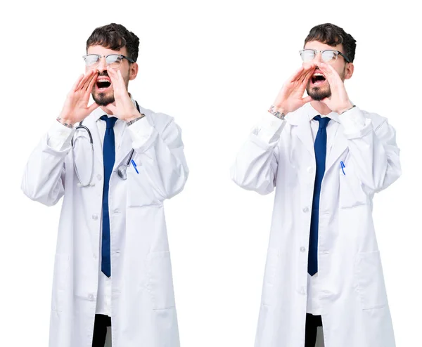 Collage Joven Doctor Con Abrigo Médico Gritando Furioso Con Las — Foto de Stock