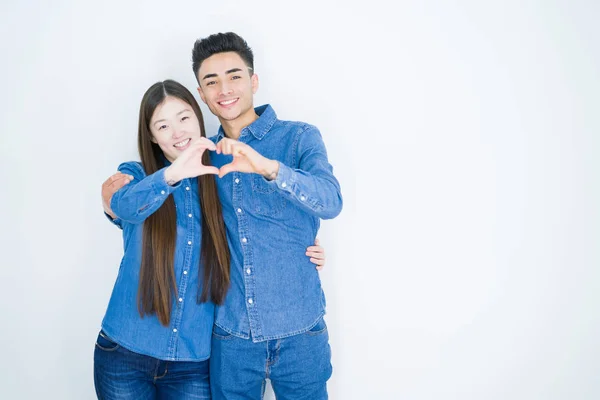 Beautiful Young Asian Couple White Isolated Background Smiling Love Doing — Stock Photo, Image
