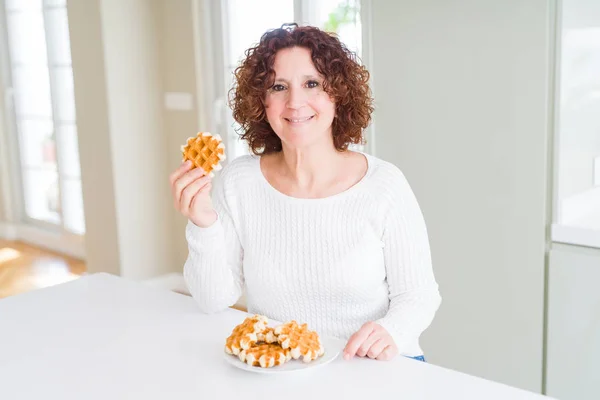 Senior Woman Eating Sweet Belgian Waffle Happy Face Standing Smiling — Stock Photo, Image