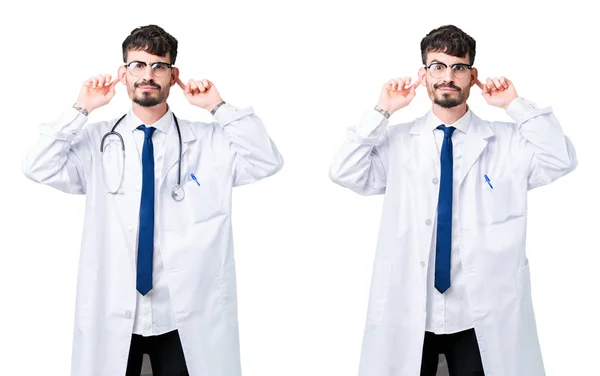 Colagem Jovem Médico Vestindo Casaco Médico Sorrindo Puxando Orelhas Com — Fotografia de Stock