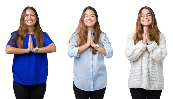 Collage Van Mooie Jonge Vrouw Geïsoleerde Achtergrond Bidden Met Handen — Stockfoto