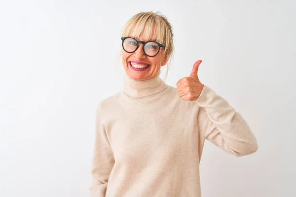 Middle Age Woman Wearing Turtleneck Sweater Glasses Isolated White Background — Stock Photo, Image