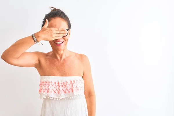 Femme Âge Moyen Portant Une Robe Décontractée Des Lunettes Debout — Photo