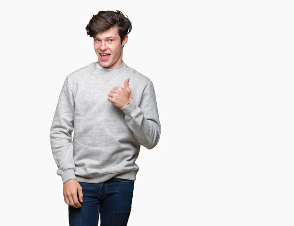 Young Handsome Sporty Man Wearing Sweatshirt Isolated Background Doing Happy — Stock Photo, Image