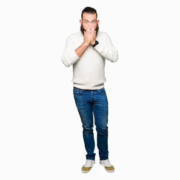 Young Hipster Man Wearing Winter Sweater Shocked Covering Mouth Hands — Stock Photo, Image