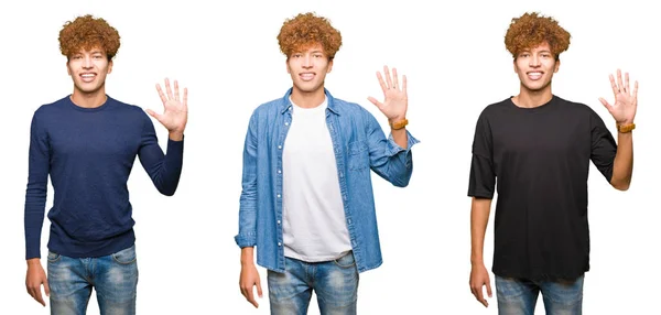 Koláž Mladých Mužů Kudrnatými Vlasy Izolované Bílé Pozadí Zobrazující Ukazující — Stock fotografie