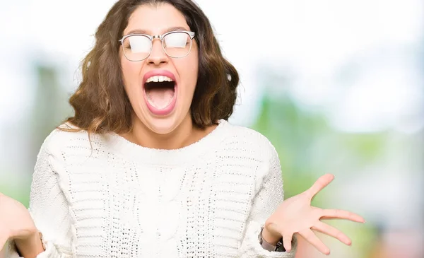 Young Beautiful Woman Wearing Glasses Celebrating Crazy Amazed Success Arms — Stock Photo, Image