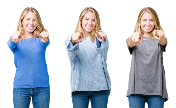 Collage Einer Schönen Blonden Frau Auf Weißem Isoliertem Hintergrund Die — Stockfoto