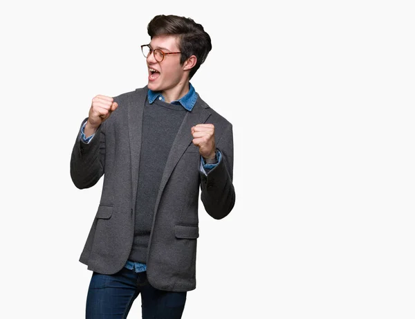 Joven Hombre Negocios Guapo Con Gafas Sobre Fondo Aislado Muy — Foto de Stock