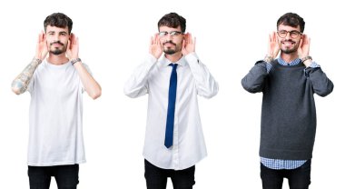 İzole arka plan üzerinde genç adam kolaj her iki el kulak jest duymak için, dedikodu merak çalışıyor. İşitme sorunu, sağır