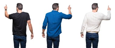 Beyaz izole arka plan üzerinde yakışıklı adam Kolaj parmak el ile arkasında işaret geriye poz