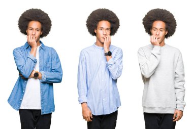 Stresli ve gergin ile beyaz izole arka plan üzerinde afro saçlı Genç adam kolaj tırnak ısırma dudaklarından eller. Anksiyete sorunu.
