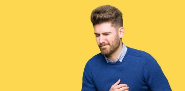 Genç yakışıklı bussines dostum mide üzerinde el ile Çünkü mide bulantısı, ağrılı hastalık hasta hissediyor. Ağrısı kavramı.