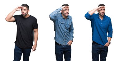 Kolaj yakışıklı adam beyaz bir arka plan çok mutlu ve gülümseyen uzakta el ile üzerine kafa seyir izole. Arama kavramı.