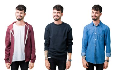 Seksi ifade, neşeli ve mutlu yüz ile kamera bakarak izole arka plan üzerinde genç adam kolaj.