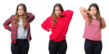 Kolaj izole arka plan güzel genç kadın bir eliyle, kas ağrısı boyun dokunmadan boyun ağrısı yaralanma acı