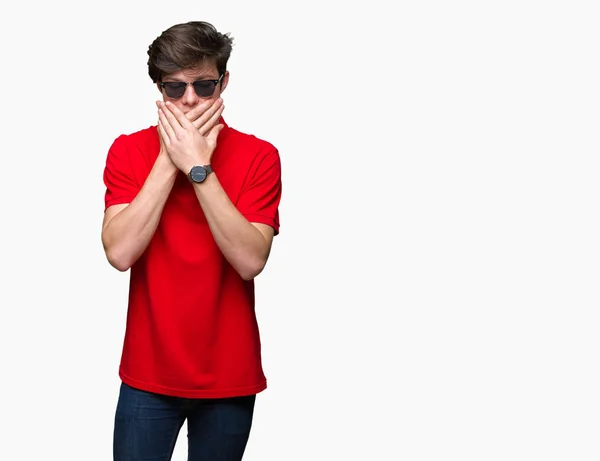 Young Handsome Man Wearing Sunglasses Isolated Background Shocked Covering Mouth — Stock Photo, Image
