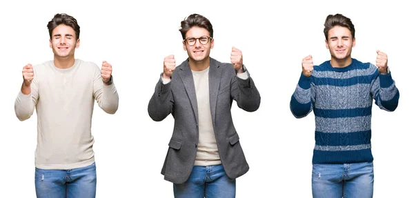 Collage Young Handsome Business Man Isolated Background Excited Success Arms — Stock Photo, Image