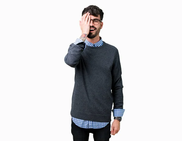 Joven Hombre Inteligente Guapo Con Gafas Sobre Fondo Aislado Que — Foto de Stock