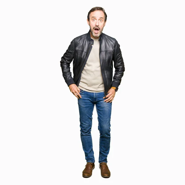 Middle Age Handsome Man Wearing Black Leather Jacket Afraid Shocked — Stock Photo, Image