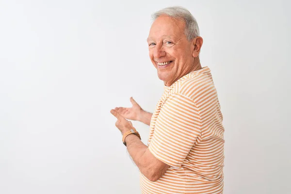 Starszy Szary Haired Mężczyzna Ubrany Paski Shirt Stojący Białym Tle — Zdjęcie stockowe